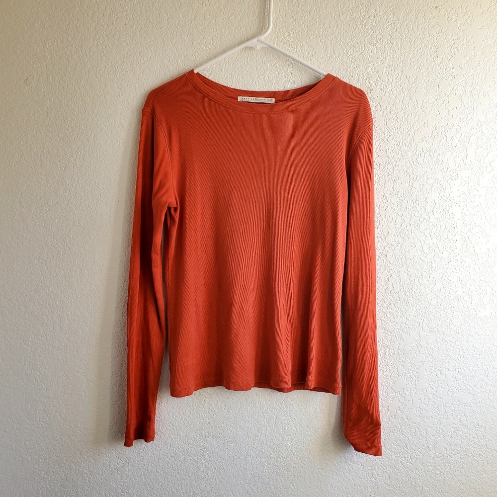 Peruvian Connection Burnt Orange Ribbed Long Sleeve Knit Top Small FLAW
